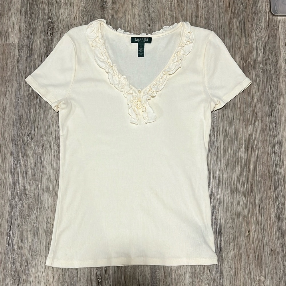 Lauren Ralph Lauren Ruffle V-neck Ribbed Top​​​